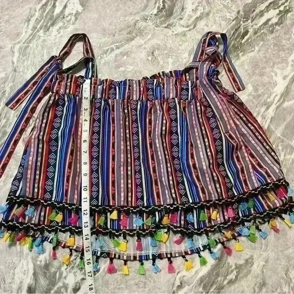 Shein Striped Print Fringe Trim Tie Shoulder Wide Strap Top Multicolor Size S - Picture 6 of 9